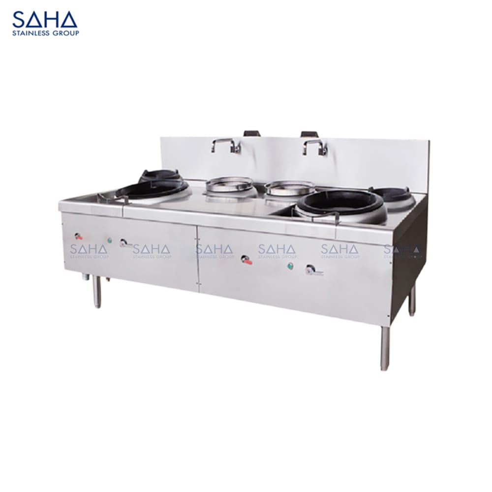 SAHA Premium Double Chinese Gas Burner with 2 Soups - Shanghai Style Model SHCNS2GB2S2S Web เตาแก๊สแบบจีน 4 หัวเตา 2 อ่าง พร้อมหัวก๊อกติดผนัง