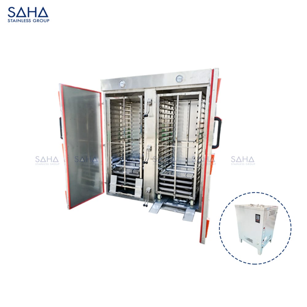 SAHA Roll-in Gas Two Doors Steamed Cabinet - 72 Trays (252 KG) w Electric Steam Controller Unit Model SHSCS3GRC72C Web SAHA - Roll-in Gas Two Doors Steamed Cabinet - 72 Trays (252 KG) w/ Electric Steam Controller Unit SHSCS3GRC72C